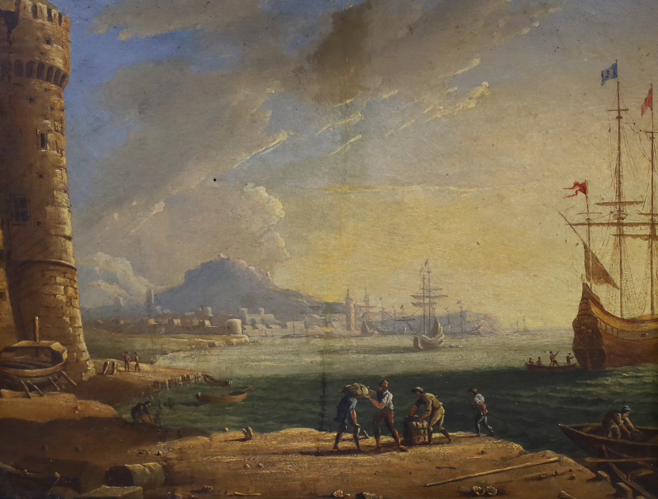 19th century Continental School, pair of oils on board, Harbour scenes with ruins and figures, gilt framed, 23 x 30cm